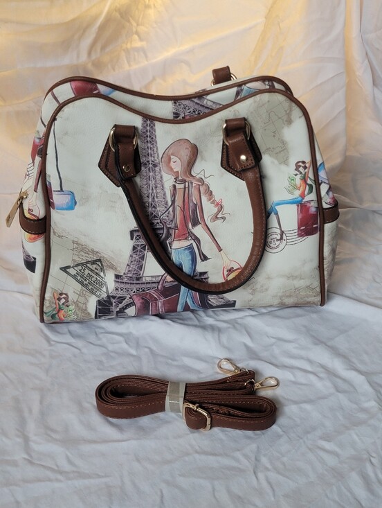 Pourquoi Pas Handbags - Paris/Eiffel Tower fashion illustration, top-handle satchel with dual handles